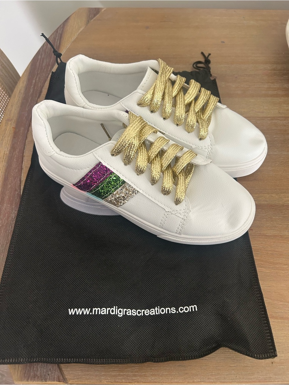 Women’s White Sneakers with Gold Laces and Multicolor Glitter Stripe